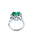 A white gold cushion cut emerald ring lateral side, top and gallery view.
