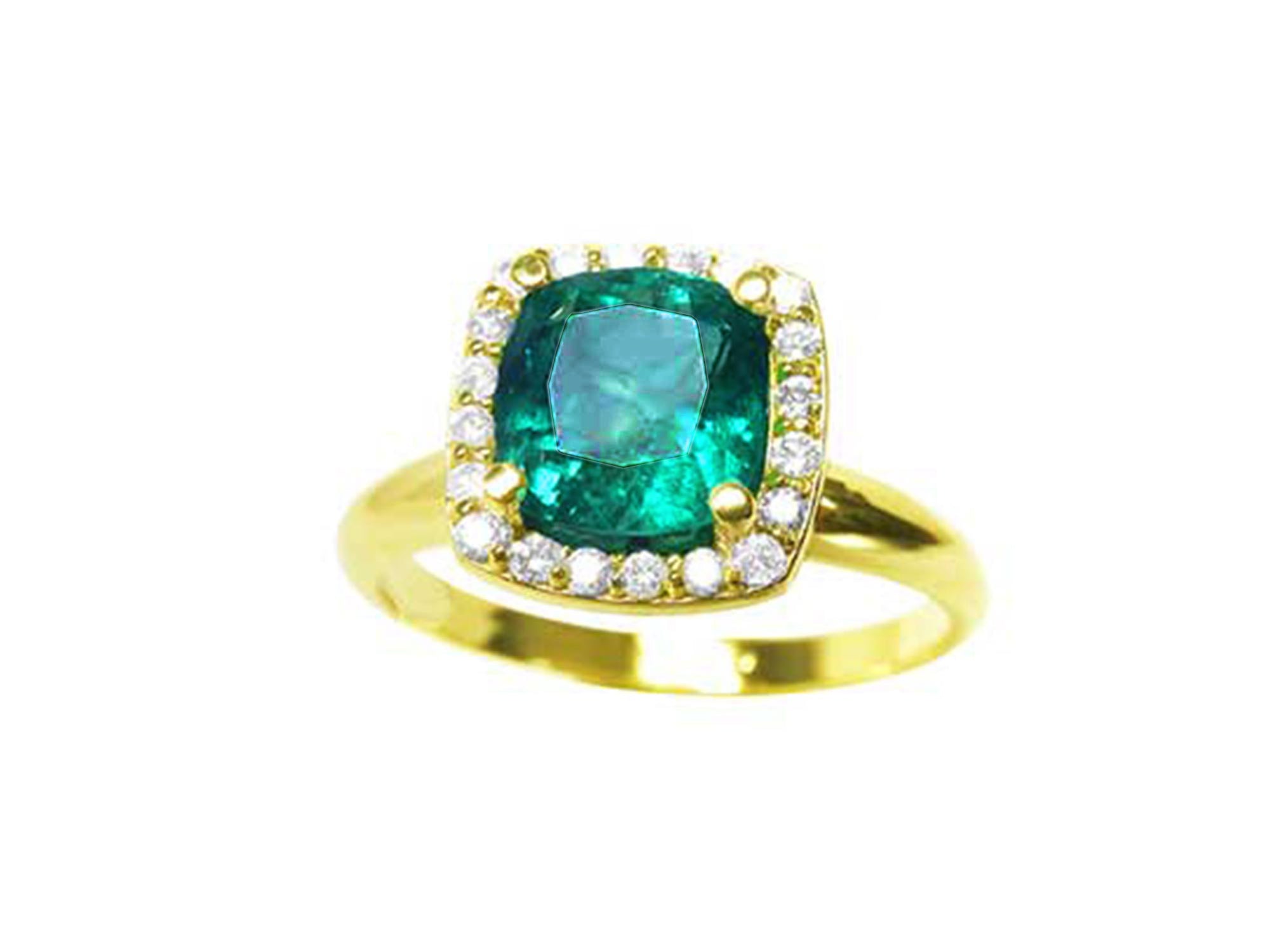 A natural cushion cut emerald ring for women with halo diamond showcasing the stone from its top view.