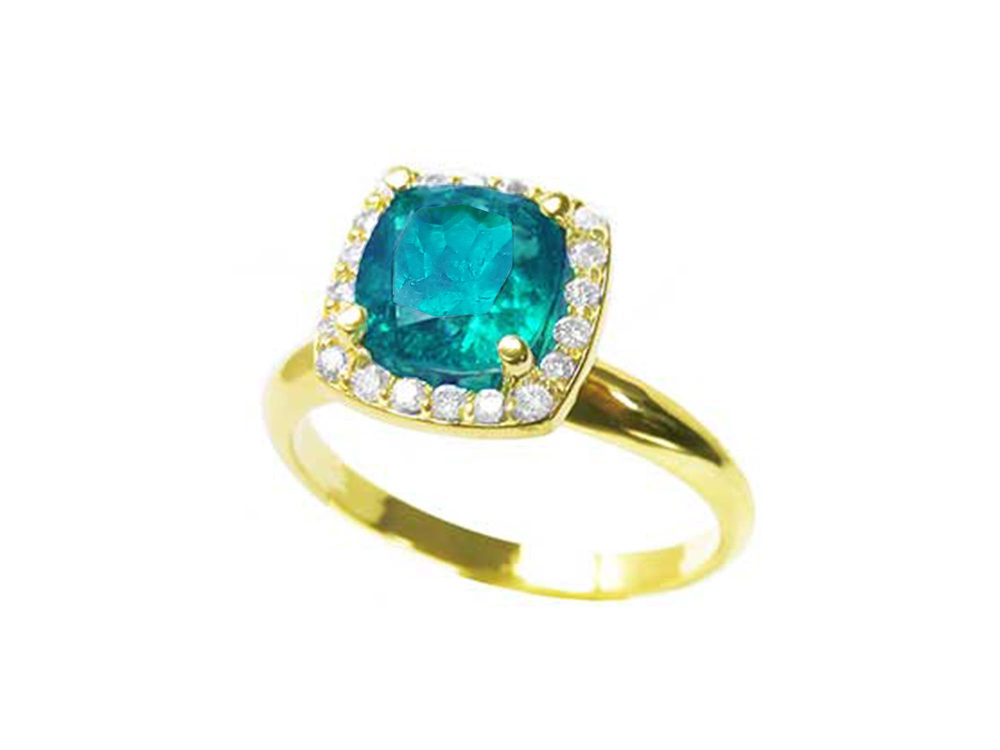This natural cushion cut emerald ring is tilted to one side, displaying its profile.