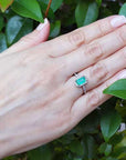 Hand wearing a ring with an emerald stone against a green leafy background.