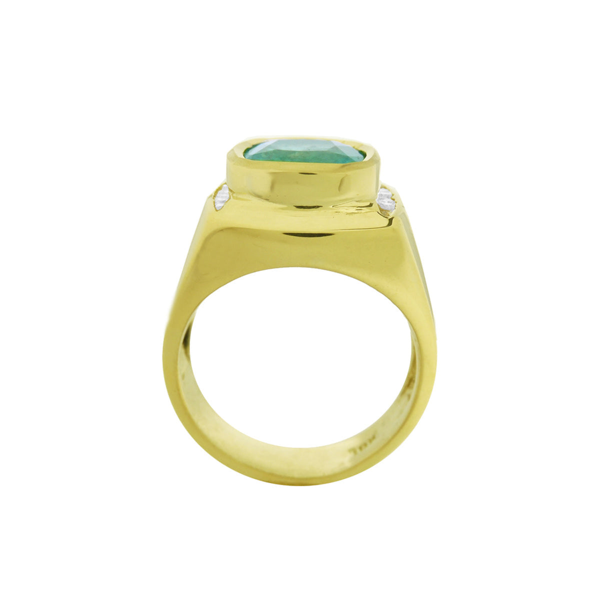 Men's gold ring with a natural emerald on a lateral position, top setting and band design displayed.