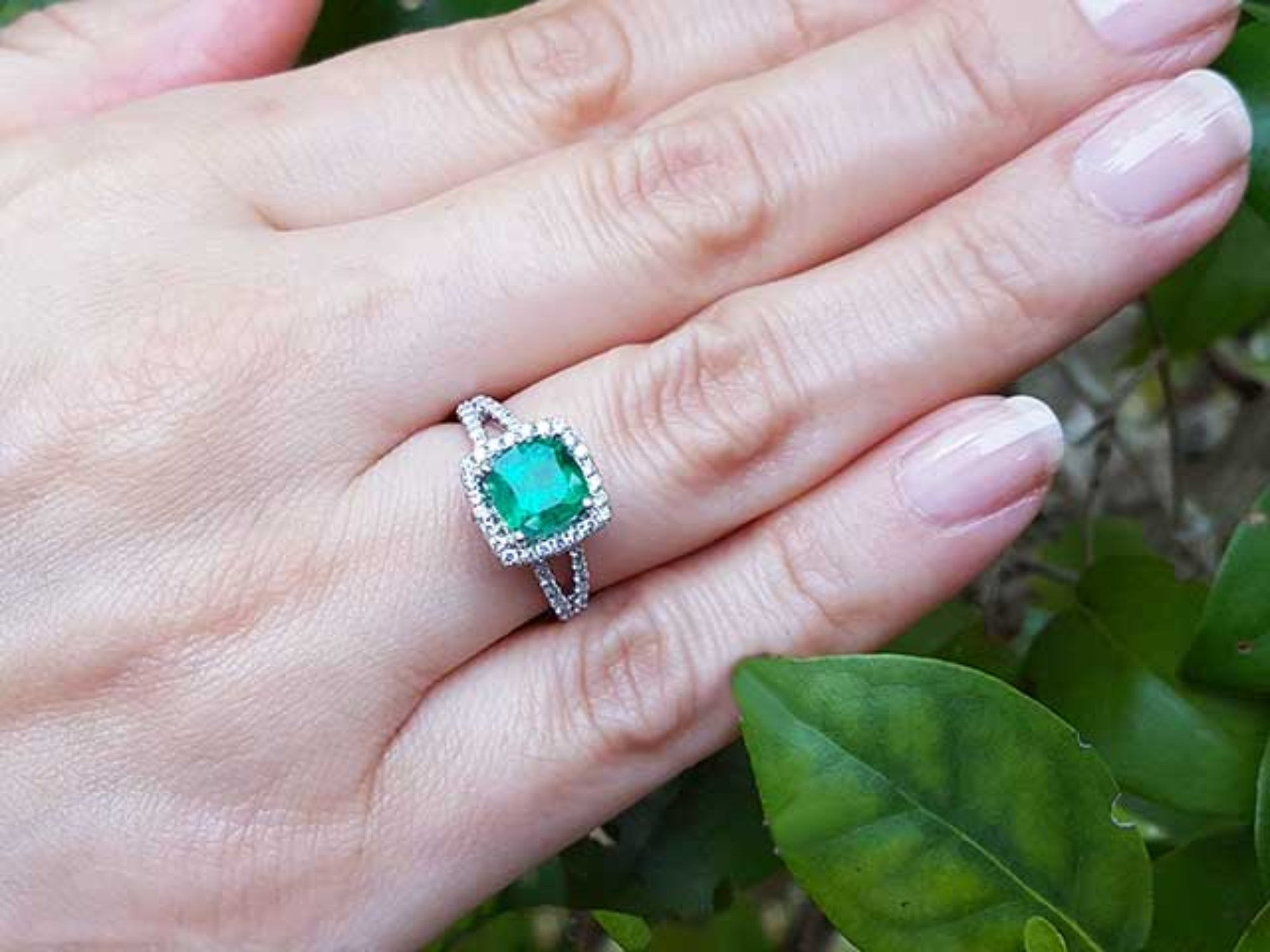 Hand wearing a cushion cut colombian emerald ring against a natural background.