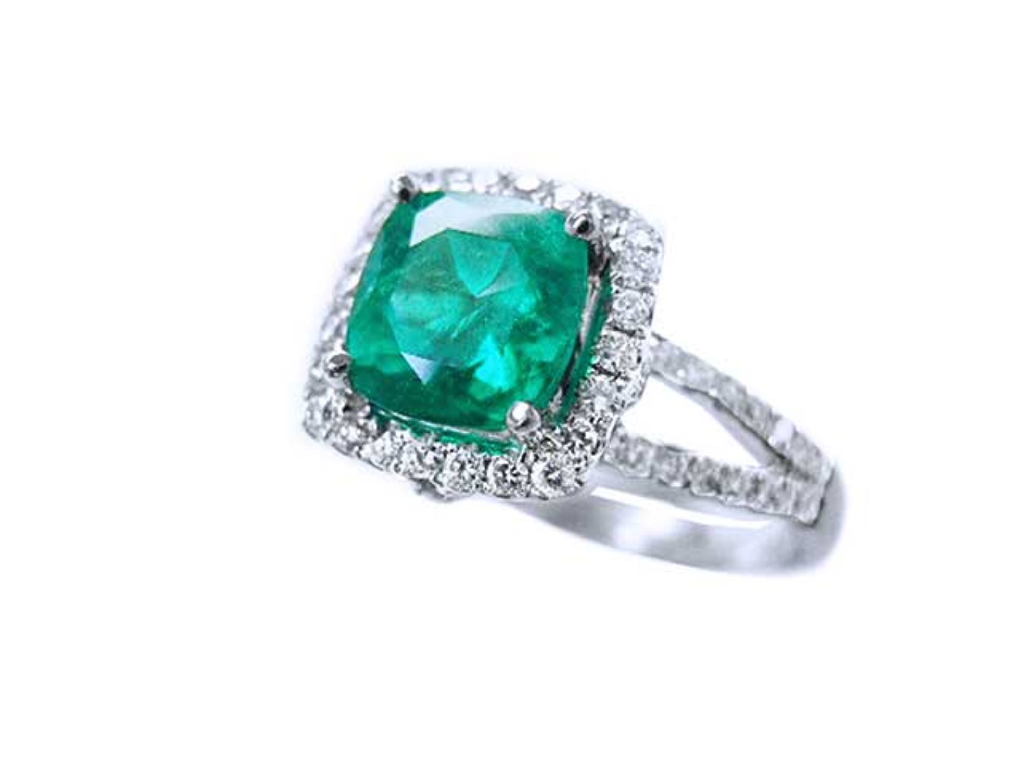 A cushion cut with halo diamond ring in white gold, stone topside and split shank profile displayed.