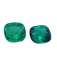 Matched pair of cushion cut 3.36 carat genuine loose emeralds, deep green color.