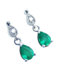 Natural colombian emerald teardrop earrings 14k white gold, top diamond studded.