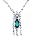 Marquise cut Colombian emerald necklace in 14K white gold with diamond links.