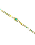 A distant topside view of a gold bracelet with emeralds gemstones on a white background.