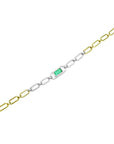 14K white and yellow gold paperclip bracelet with a central emerald-cut emerald surrounded by diamonds.