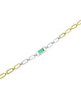14K white and yellow gold paperclip bracelet with a central emerald-cut emerald surrounded by diamonds.