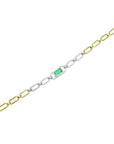 14K white and yellow gold paperclip bracelet with a central emerald-cut emerald surrounded by diamonds.