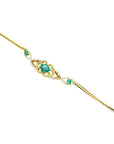 A distant view of a gold bracelet with emeralds gemstones on a white background.