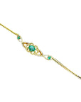 A distant view of a gold bracelet with emeralds gemstones on a white background.