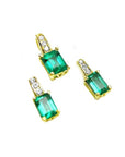A trio set of emerald earrings and pendant, emerald-cut crafted in 14k yellow gold and diamonds on top.