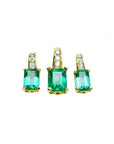 A trio set of a colombian emerald earrings and pendant, accent diamonds in 14k yellow gold.