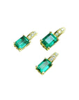 A trio matching set of emerald earrings and pendant in 14k yellow gold, left side position and top view