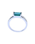 East West emerald ring with a vivid green emerald and diamond accents on a 14k white gold band.