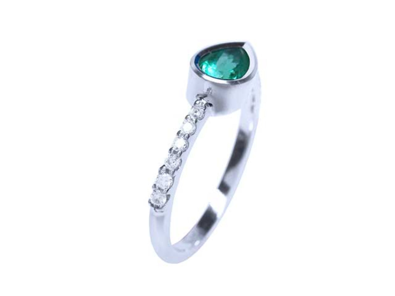 A teardrop emerald bezel set with accent diamonds ring in white gold top and side profile view.