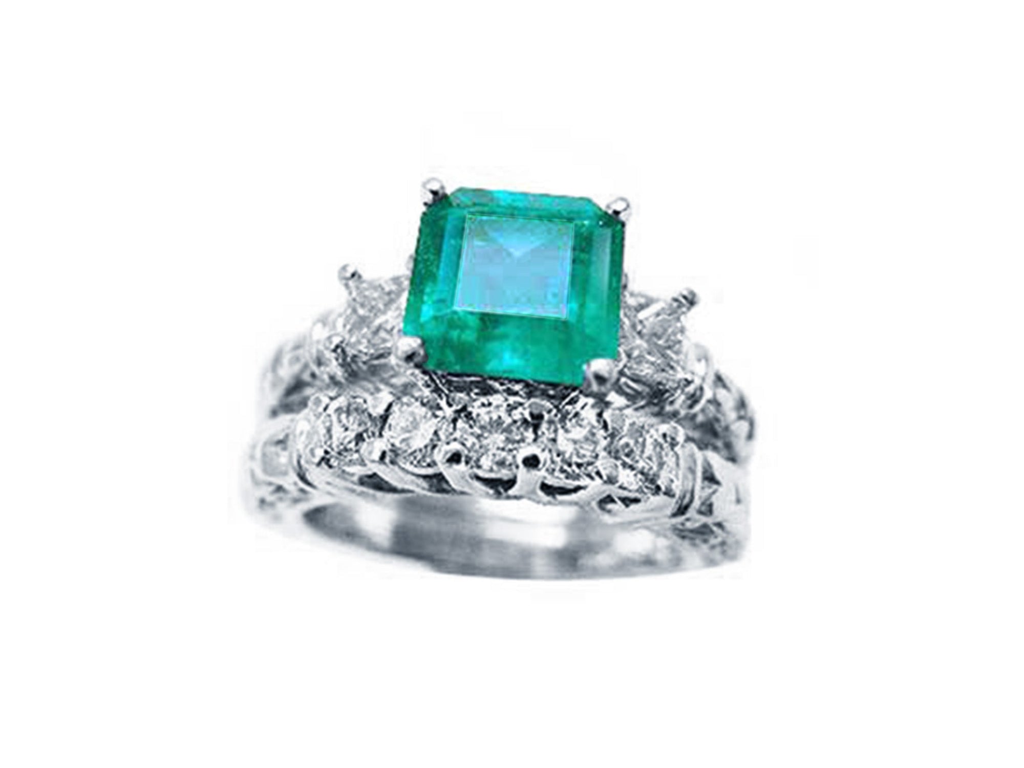 Top view of an emerald ring with a diamond matching band set in white gold.