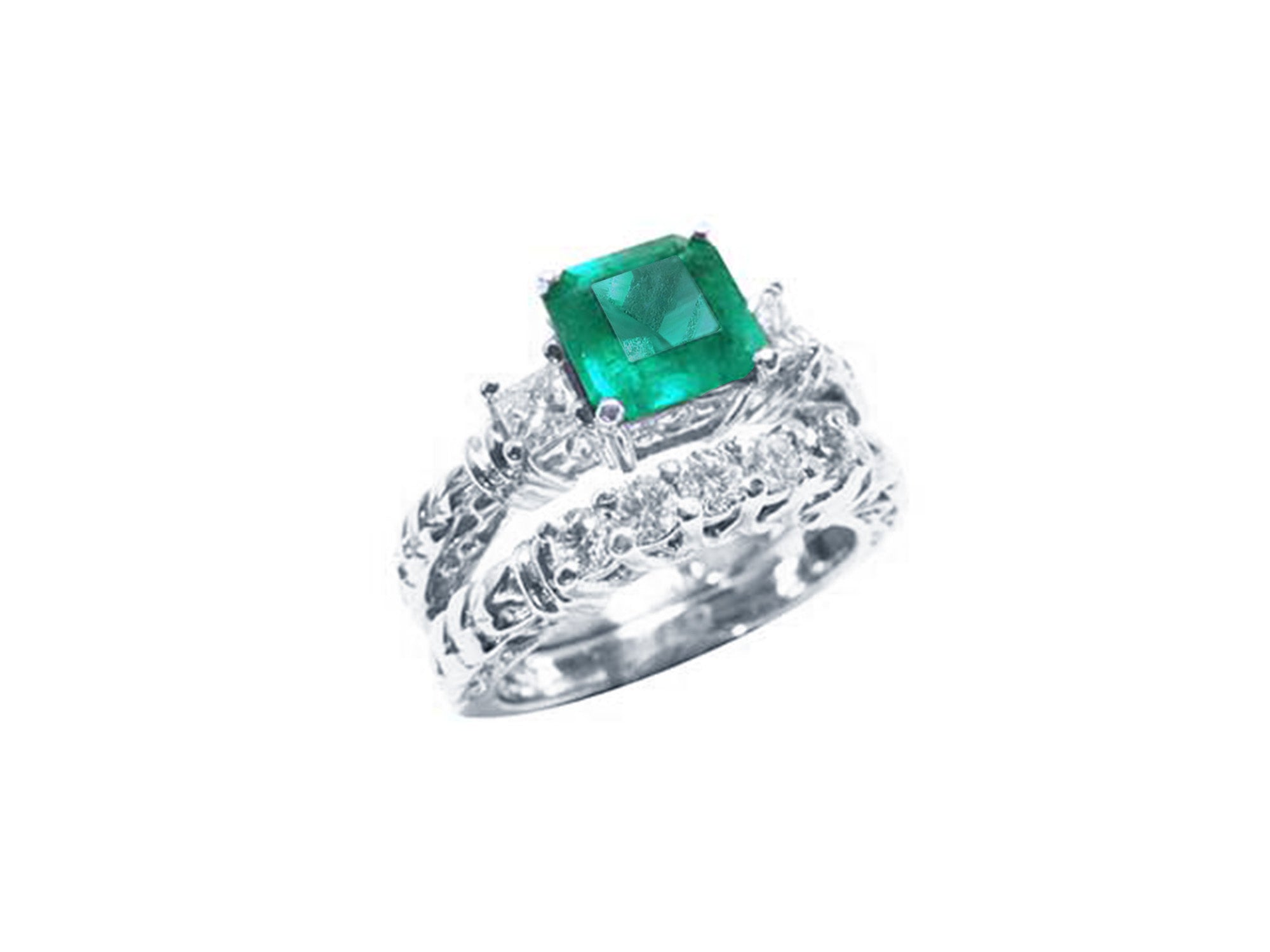 Emerald engagement ring with matching wedding band in white gold.