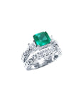 1.48 ct. emerald engagement ring with diamond wedding band set in 14K white gold.