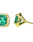 14k yellow gold emerald and diamond stud earrings in two pisitions, front top and side profile views.