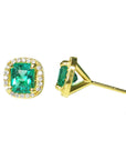 14k yellow gold emerald and diamond stud earrings in two pisitions, front top and side profile views.