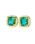 Pair of natural emerald stud earrings square cut with halo diamond in 14k yellow gold.