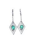 14K white gold marquise emerald earrings with diamonds, featuring a double diamond-shaped frame.