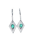 14K white gold marquise emerald earrings with diamonds, featuring a double diamond-shaped frame.