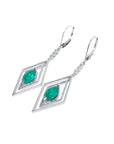 14K white gold emerald marquise earrings with deep bluish-green gems in double diamond frames, dangling from lever backs.