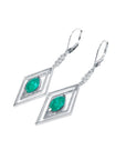 14K white gold emerald marquise earrings with deep bluish-green gems in double diamond frames, dangling from lever backs.