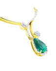 Colombian emerald necklace sourced from the Muzo mines in Colombia a natural pear cut, halo diamond set in 18k yellow gold