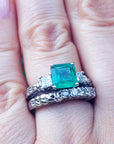 Bridal style emerald and wedding band set natural Muzo mine of 1.48 carats, paired with a coordinating diamond wedding band. Both crafted in 14K white gold