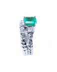 Eerad-cut emerald ring and wedding band natural Muzo mine of 1.48 carats, paired with a coordinating diamond wedding band. Both crafted in 14K white gold