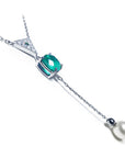 1.91 carat emerald cushion cut necklace with hanging pearl, 14K white gold.