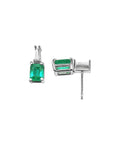 A pair of white gold emerald and baguette diamond earrings, downside gallery and top view.
