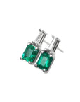 Colombian emerald and baguette diamond stud earrings in 14K gold.