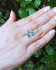 A woman's and displaying a pair of emerald and baguette diamond stud earrings.