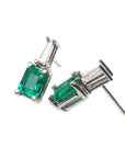 Pair of natural emerald and baguette diamond stud earrings, left side position top and profile view.
