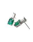 Pair of natural emerald and baguette diamond stud earrings, left side position top and profile view.