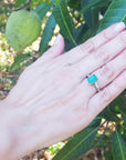 Hand with a three stone emerald and baguette side diamond ring in front of green leaves.