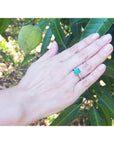 Hand with a three stone emerald and baguette side diamond ring in front of green leaves.