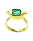 this yellow gold emerald solitaire ring displays the top side profile.