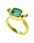 From its partial side angle this emerald solitaire ring bezel set shows the profile side.