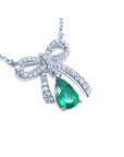 Colombian emerald bowtie necklace pear cut 1.28 carats mined in Muzo, with high quality natural diamonds pave set