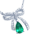 Emerald jewelry women's necklace bowtie pear cut 1.28 carats mined in Muzo Colombia, high quality natural diamonds pave set