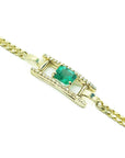 The side profile of a gold bracelet with a natural emerald on a side profile view position.