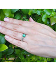 Hand wearing a ring with an emerald stone against a green leafy background