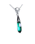 Women's emerald and diamond briolette necklace natural from Muzo mines set in 14k white gold with a natural diamond on top slider bail and 18" inches chain