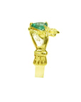 14K yellow gold Claddagh ring with a pear-shaped medium-green emerald.